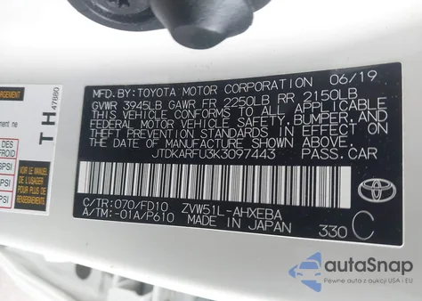 2019 Toyota Prius Le from USA, damaged, VIN JTDKARFU3K3097443
